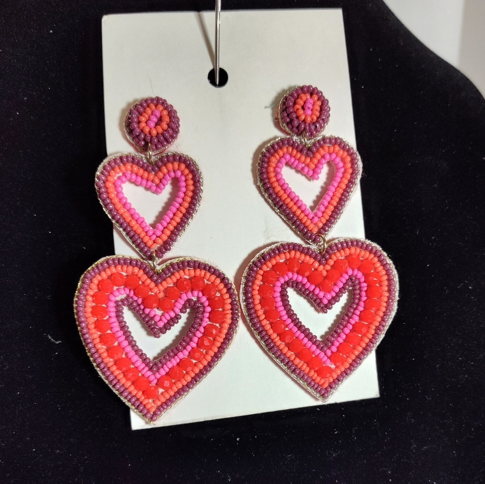 Heart-Shaped Beaded Earrings - Red and Pink